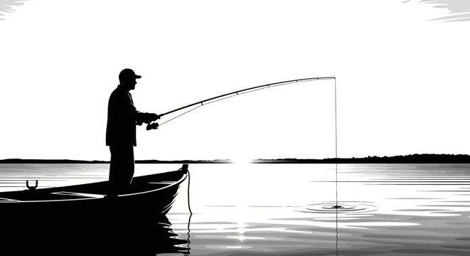Silhouette of a fisherman in a boat casting a fishing rod at sunset