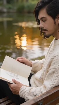 man reading a book outside in a peaceful park
