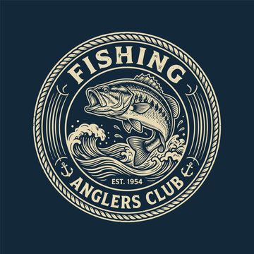 Vintage Bass Fishing Club Badge Illustration with Jumping Fish and Nautical Elements Vector