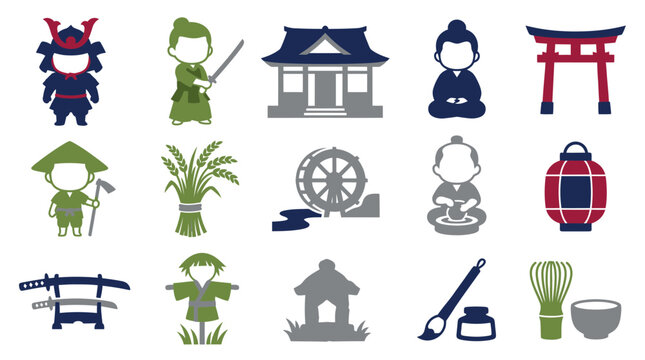 Japanese Cultural History  Tradition Flat Icons Set - Samurai, Temples, Tea Ceremony Glyphs