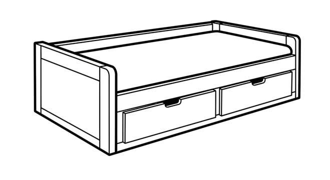 Modern bed with drawers, line art illustration