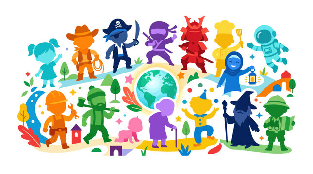 Flat Vector Illustration: Diverse Global Professions, Human Development, and Community