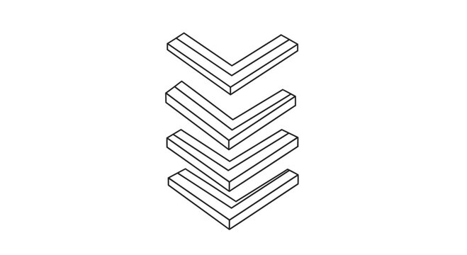 Stack of chevron arrows pointing down, isometric view, line art