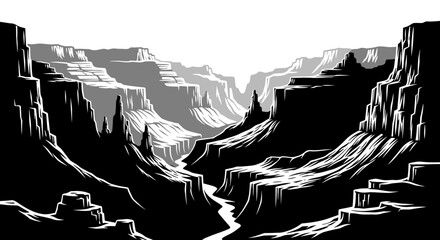 Fototapeta premium Dramatic monochrome canyon landscape illustration with layered rock formations