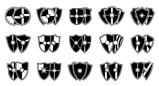 Collection of diverse viking and medieval shield icons featuring round and kite shapes with symbolic cross and circular emblems presented in a clean black and white vector graphic