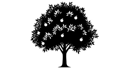 Silhouette of a lush mature fruit tree laden with ripe spherical fruits and abundant green leaves presented in a stark black and white graphic illustration against a clean white © Prema