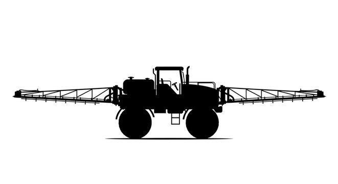 Silhouette of a modern agricultural sprayer machine with wide boom arms extended symbolizing modern farming technology crop protection and efficient field work against a clean