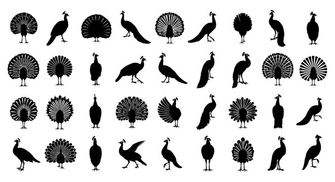 Diverse silhouette collection of elegant peacocks displaying various poses and feather fanning actions isolated on a clean white background for versatile design applications