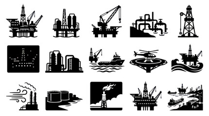 Obraz premium Oil and Gas Industry Icons Set: Petroleum Drilling, Refining, Transport Glyphs