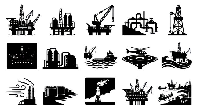 Oil and Gas Industry Icons Set: Petroleum Drilling, Refining, Transport Glyphs