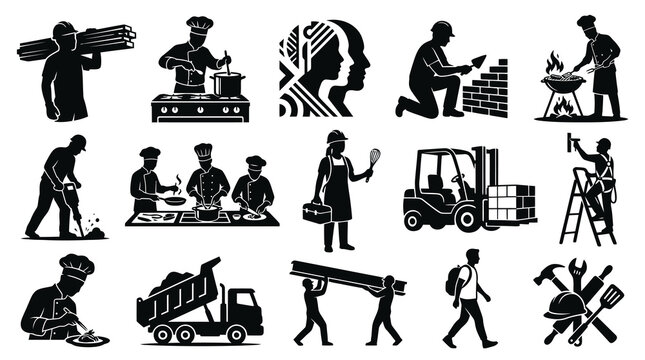 Diverse professions set, construction, cooking, industry icons, black and white glyphs