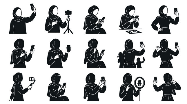 Black  White Glyph Icons of Muslim Women with Smartphones  Vlogging Gear