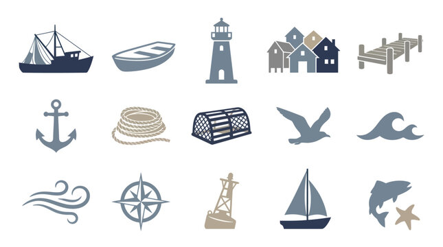 Flat Nautical  Marine Icons Set - Coastal, Sailing, and Fishing Symbols Collection