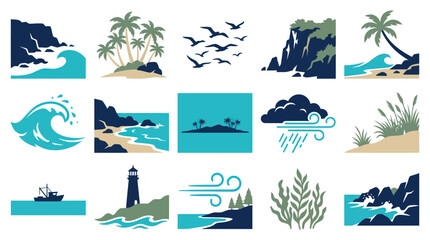 Obraz premium Set of Coastal and Ocean Icons in Flat Design Style