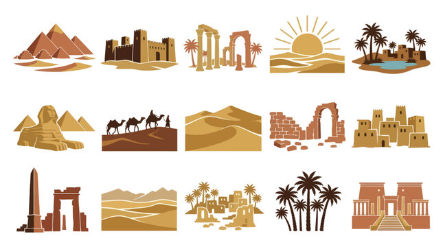 Egyptian Desert Landmarks Vector Icons: Pyramids, Sphinx, Camels, Oasis
