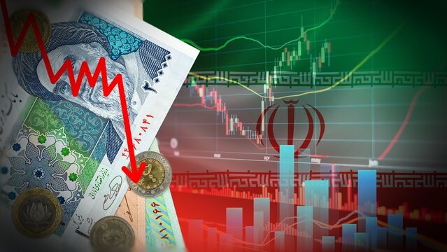 Iran Economic Crisis Concept with Iranian Rial Banknotes and Falling Stock Market Financial Graph Overlay