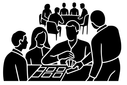 Group of people playing card games at table with another group seated in background, social board game night gathering bold black silhouette illustration isolated on background