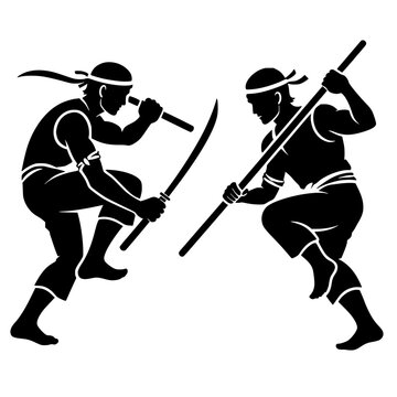 Action-oriented silhouette of two traditional Thai warriors engaged in combat, one wielding dual Daab swords and the other a long staff. Elegant black vector art highlighting the dynamic poses 
