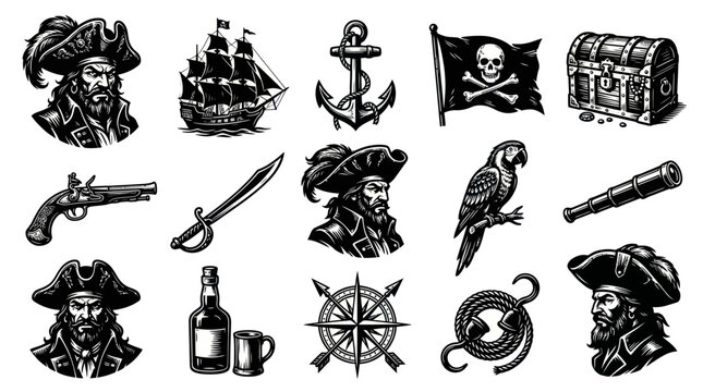Vintage Pirate and Nautical Elements Black and White Engraving Illustration Set