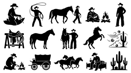 Fototapeta premium Western Cowboy Ranching Silhouette Glyphs Icons Set