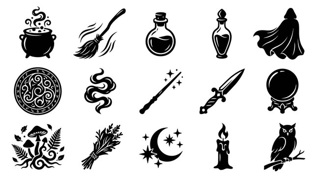 Black  White Glyph Icons of Witchcraft and Magic Objects