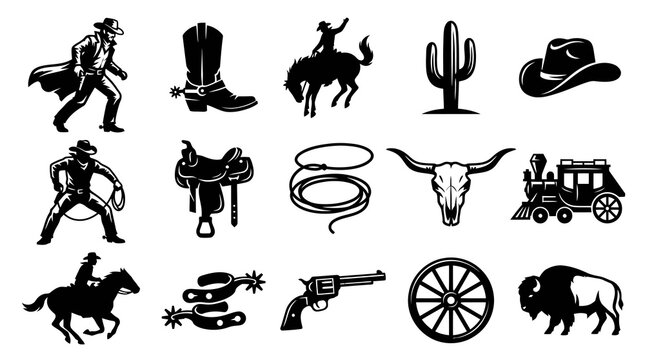 Wild West Cowboy Icons Set - Black and White Vector Silhouettes and Glyphs