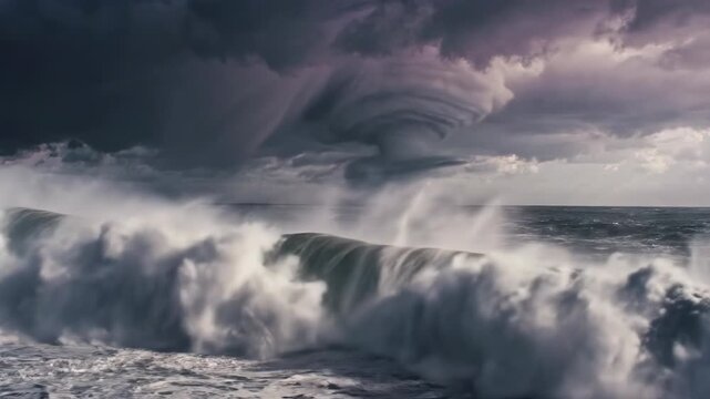Turbulent ocean with a massive breaking wave and a powerful waterspout tornado descending from dark storm clouds during a severe maritime weather event at sea.