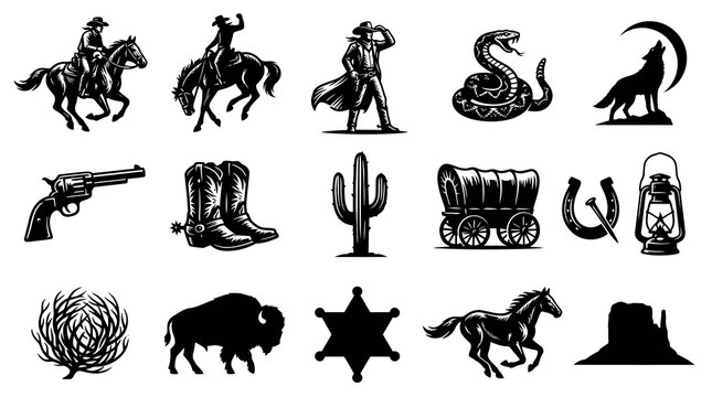 Wild West Cowboy Icons Collection - Black  White Silhouette Vector Symbols