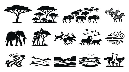 Naklejka premium Black White African Safari Wildlife and Landscape Vector Silhouettes