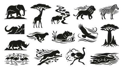 Naklejka premium African Wildlife Icons Set - Black White Vector Art for Safari Themes