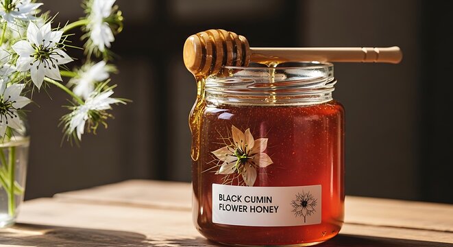 Glass jar of amber black cumin flower honey with wooden dipper image