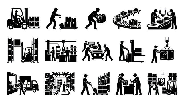 Industrial Logistics and Warehouse Workers Glyph Icons. Material Handling and Supply Chain Silhouettes.