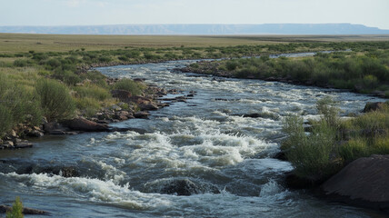 Fototapeta premium Rugged Steppe River Landscape Under Harsh Sunlight