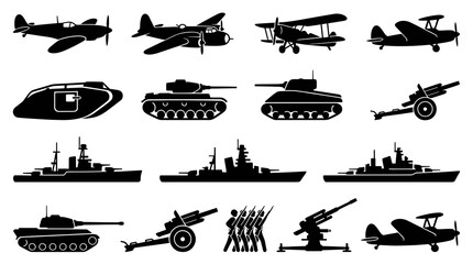 Naklejka premium Military War Vehicles and Equipment Silhouettes Icon Set - Black and White Glyphs