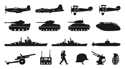 Naklejka premium Military War Vehicles, Weapons Soldier Equipment Black Silhouette Icons Set