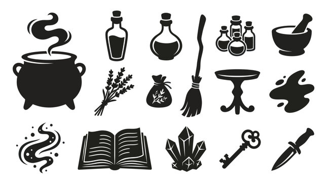 Black and White Vector Icons of Witchcraft and Alchemy Symbols