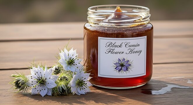 Glass jar of amber black cumin flower honey with white flowers image