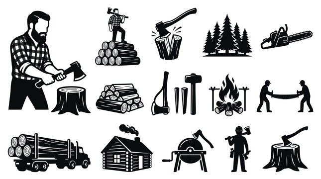 Forestry and Logging Industry Glyphs Set - Lumberjack Wood Cutting Tools Elements