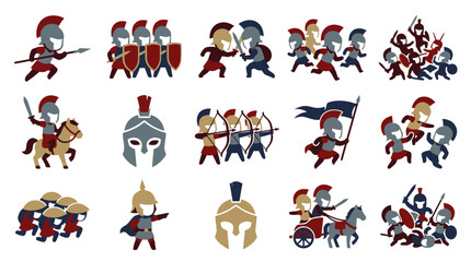 Obraz premium Ancient Military History Flat Vector Icons: Roman Greek Spartan Warriors Battle