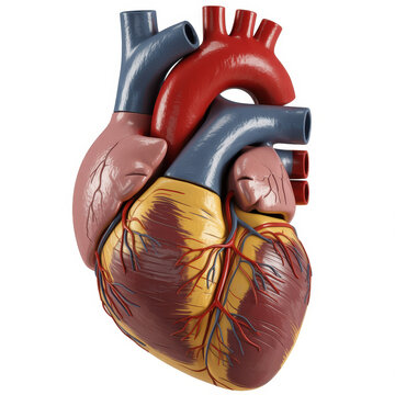 Anatomically correct 3d model of a human heart showing arteries and veins on white background