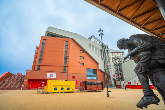The exterior of Anfield Stadium, home of Liverpool Football Club
