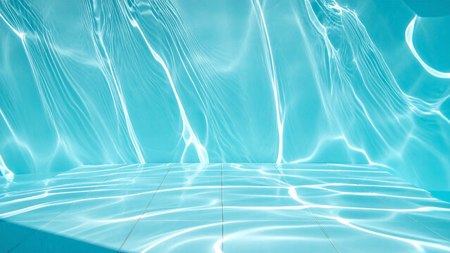 Pool caustic light patterns, dancing sun refractions on pale surface, clean summer abstract background with copy space