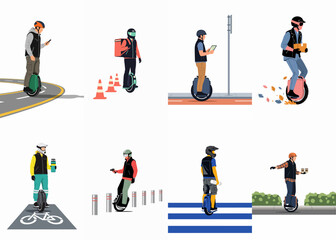 Collection of Illustrative Scenes Featuring People Using Electric Unicycles for Commuting, Delivery, and Personal Transport in Various Urban Settings © Telo