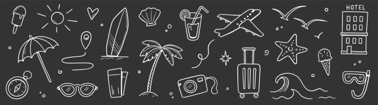 Chalk summer travel doodle icon set. Hand drawn chalkboard vacation holiday beach trip sketch on blackboard. Cute doodle sunglasses palm ice cream suitcase sun adventure. Vector illustration