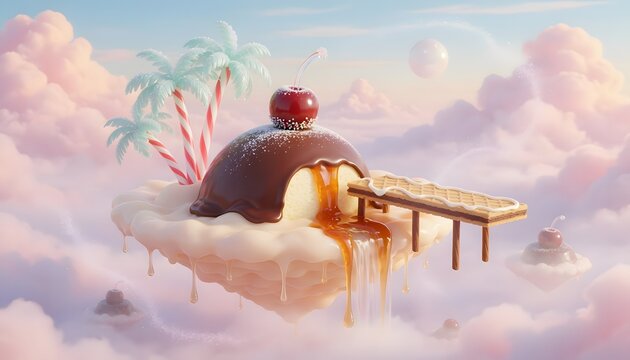 A surreal scene of a chocolate dessert with a cherry on a cloud island surrounded by fluffy white clouds and a small wooden bridge.