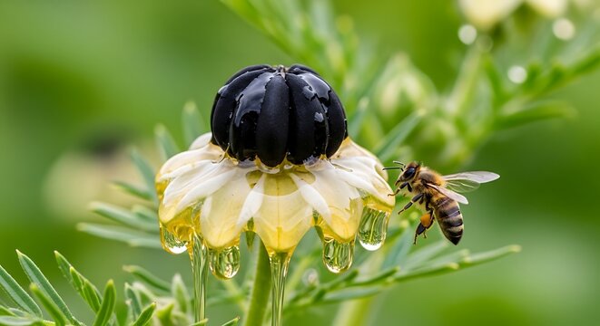 Honey bee collecting nectar from a wet black and yellow flower insect