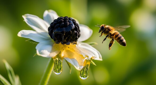 Honey bee flying towards white flower with blackberry and dripping nectar image
