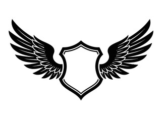 Fototapeta premium A graphic design features black wings surrounding a shield emblem.