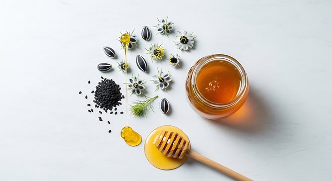 Honey jar black cumin seeds and nigella flowers arranged on white image
