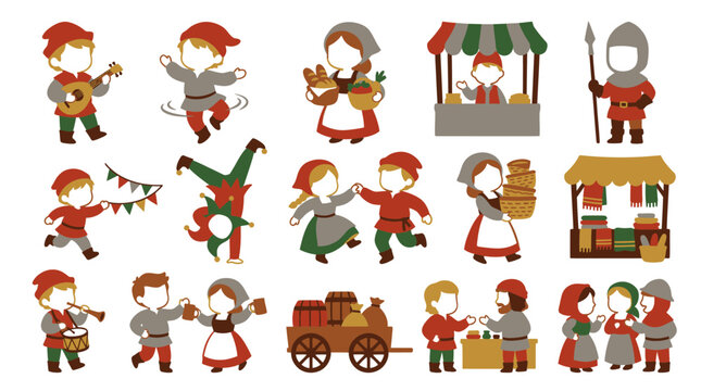 Flat Vector Medieval Market Festival Illustrations: Historical Characters and Scenes